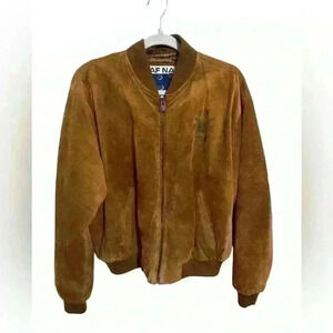 Vintage Naf Naf 1980’s Leather Bomber Jacket Brown Size Medium Embroidered